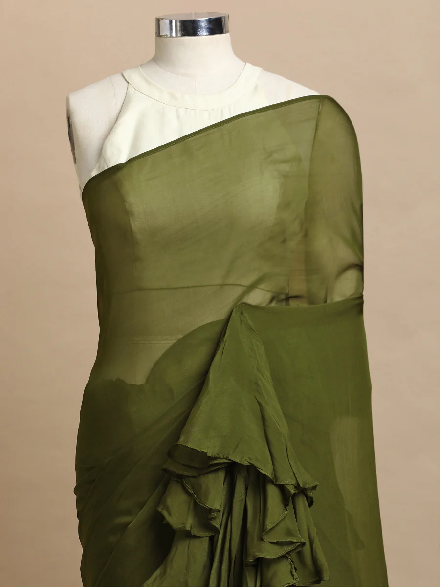 Tamira x Tyohaar | Harvest Green Viscose Organza Designer Flounce Saree - Image 3