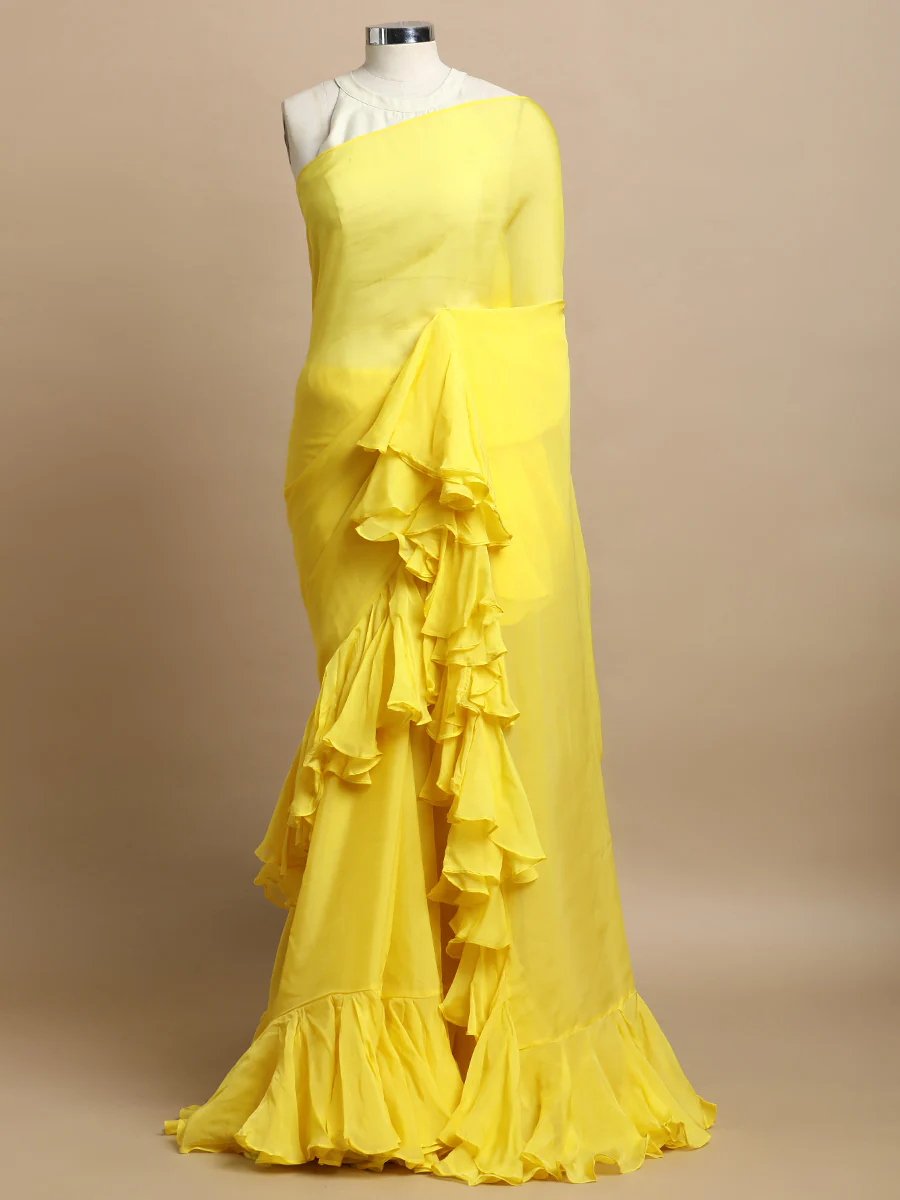 Tamira x Tyohaar | Lumina Yellow Viscose Organza Designer Flounce Saree