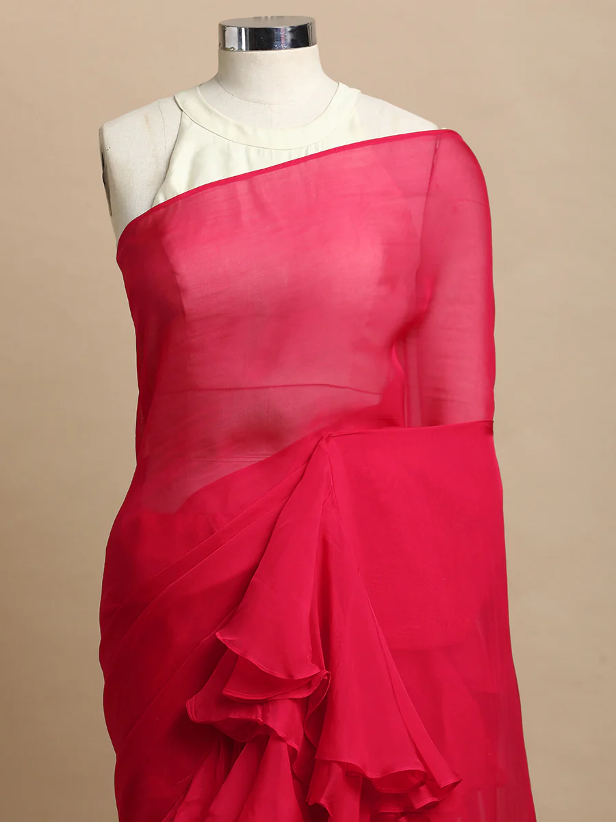 Tamira x Tyohaar | Pink Rush Viscose Organza Designer Flounce Saree - Image 3