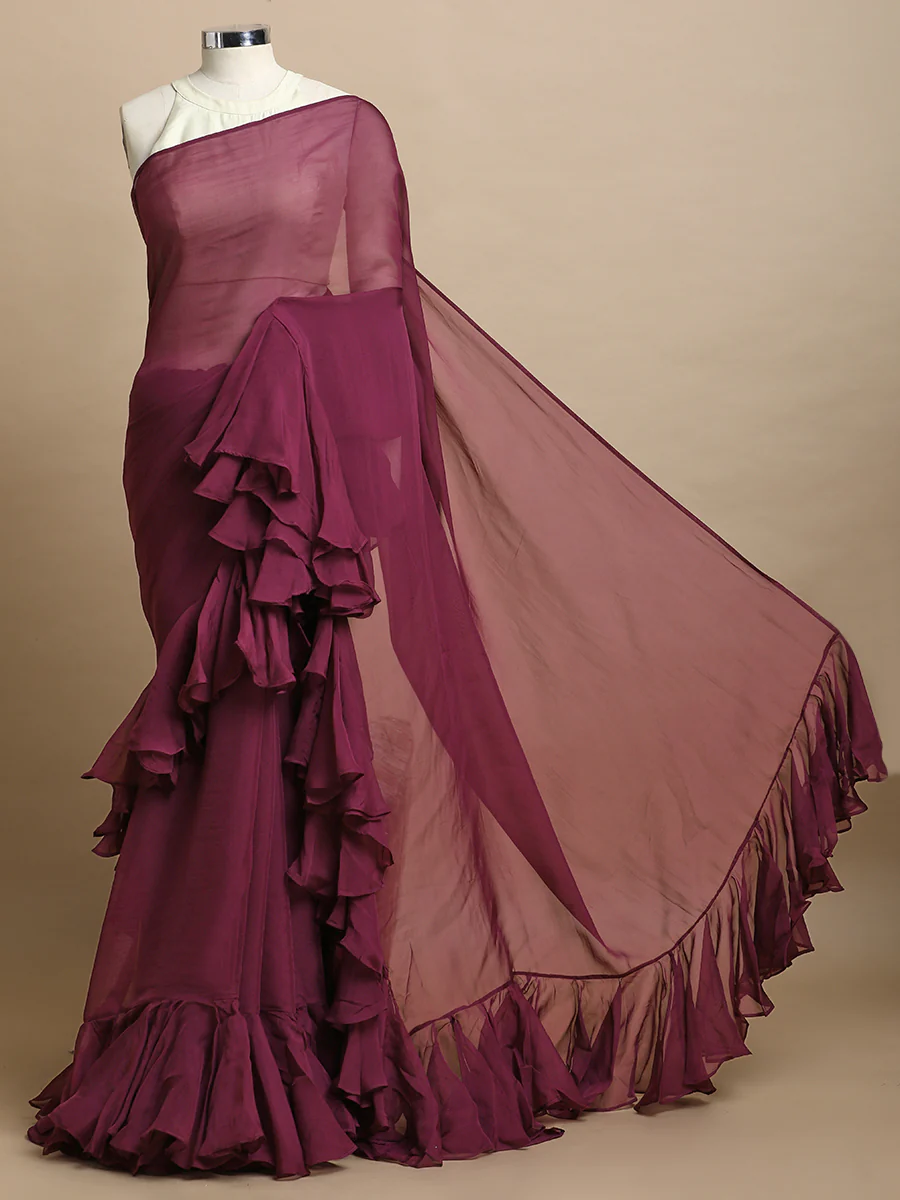 Tamira x Tyohaar | Velvet Plum Viscose Organza Designer Flounce Saree - Image 3