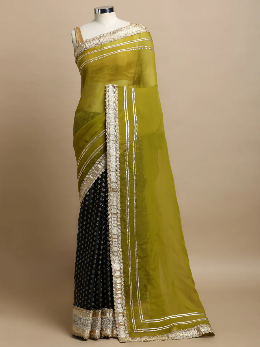 Tazmin x Tyohaar | Black Satin Viscose Butta & Amber Olive Viscose Organza Saree With Gotta Work Designer Lace