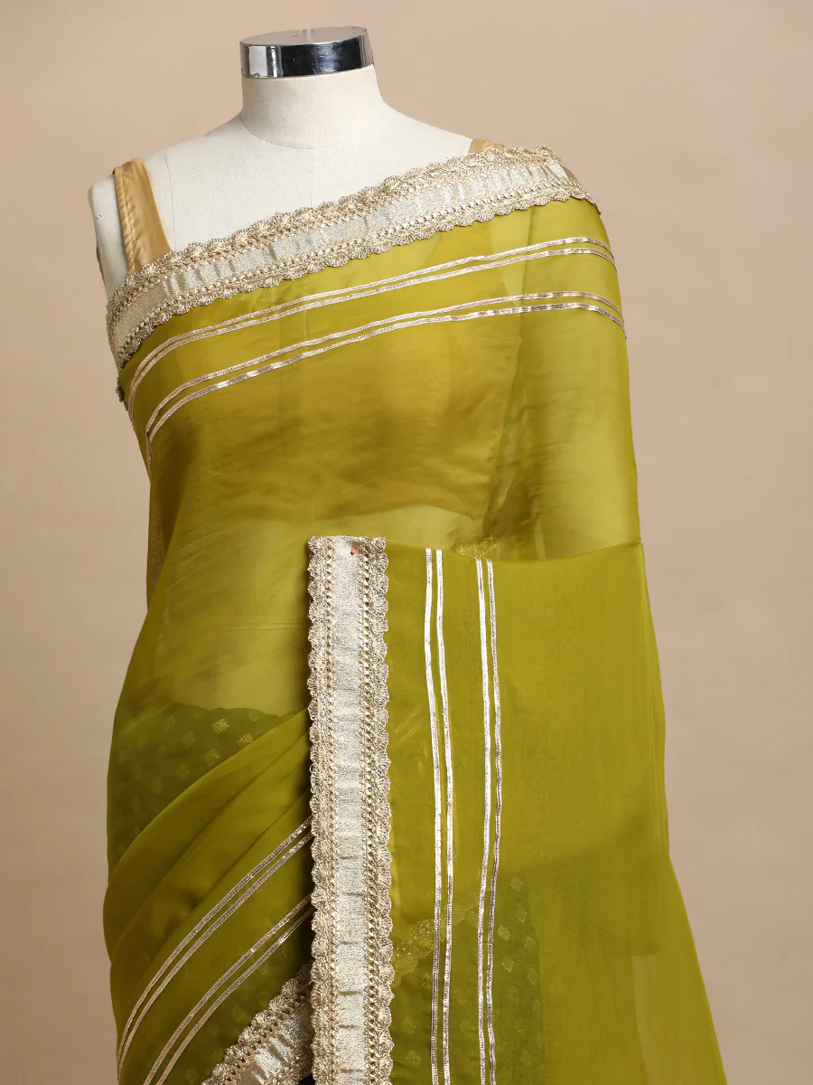 Tazmin x Tyohaar | Black Satin Viscose Butta & Amber Olive Viscose Organza Saree With Gotta Work Designer Lace - Image 4