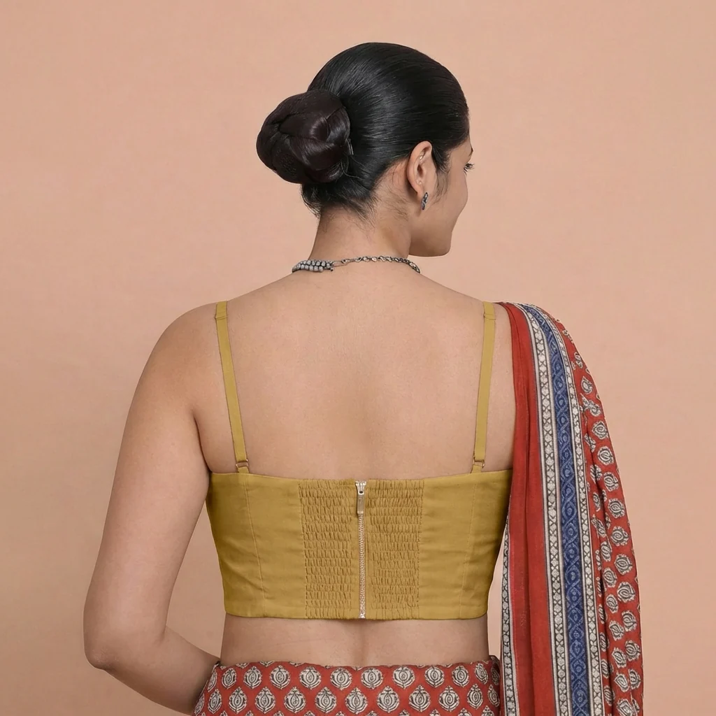 Vamika x Rozaana | Sweetheart Neck Dijon Mustard Solid Viscose Saree Blouse - Image 2