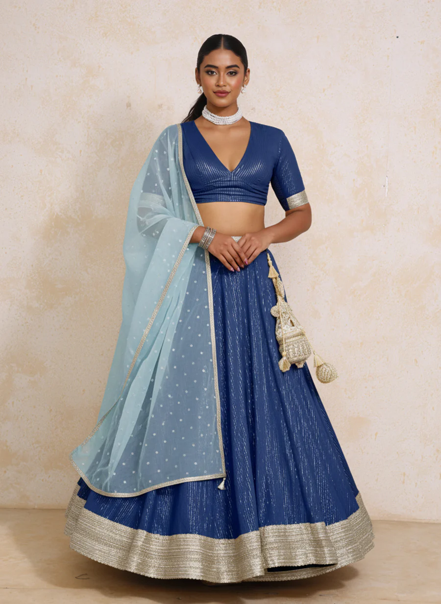 Vareesha x Tyohaar | Indigo Silver Stripe Cotton FlareFit™ Lehenga Set with Dupatta
