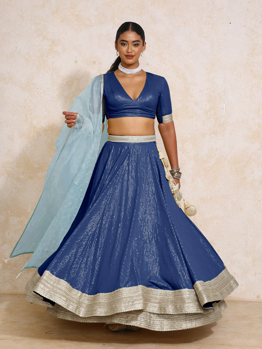 Vareesha x Tyohaar | Indigo Silver Stripe Cotton FlareFit™ Lehenga Set with Dupatta - Image 12