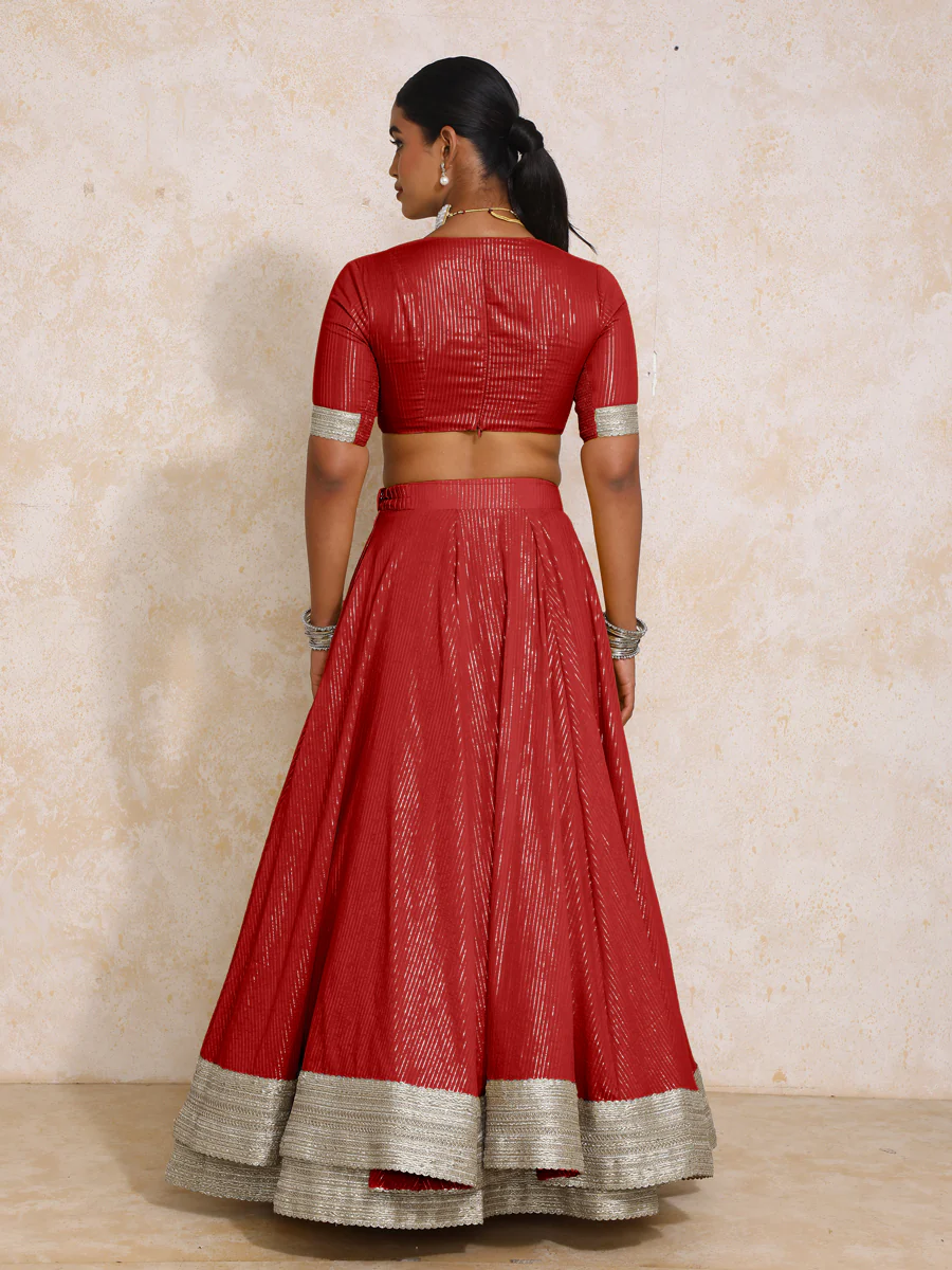 Vareesha x Tyohaar | Red Silver Stripe Cotton FlareFit™ Lehenga Set with Dupatta - Image 2