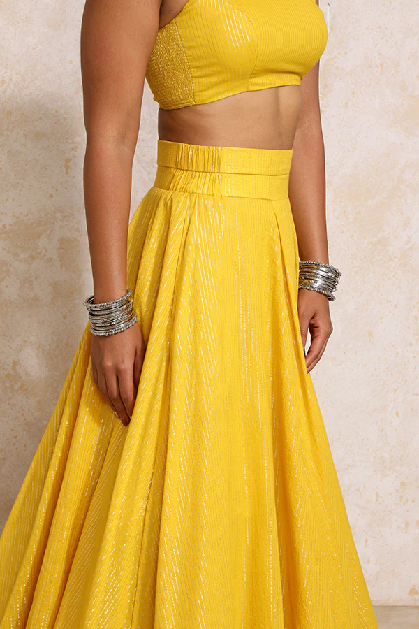 Vareesha x Tyohaar | Turmeric Yellow Silver Stripe Cotton FlareFit™ Lehenga Set with Dupatta - Image 4