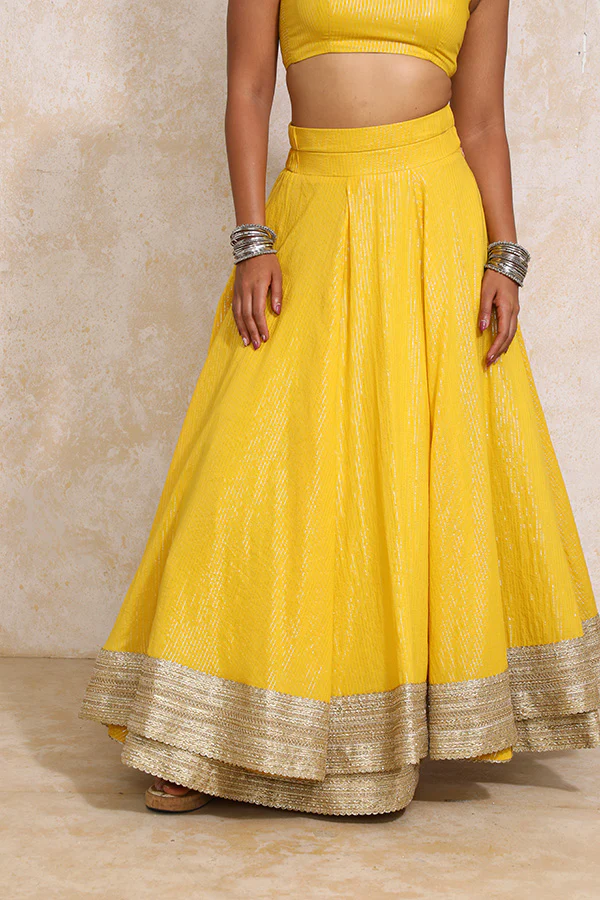 Vareesha x Tyohaar | Turmeric Yellow Silver Stripe Cotton FlareFit™ Lehenga Set with Dupatta - Image 9