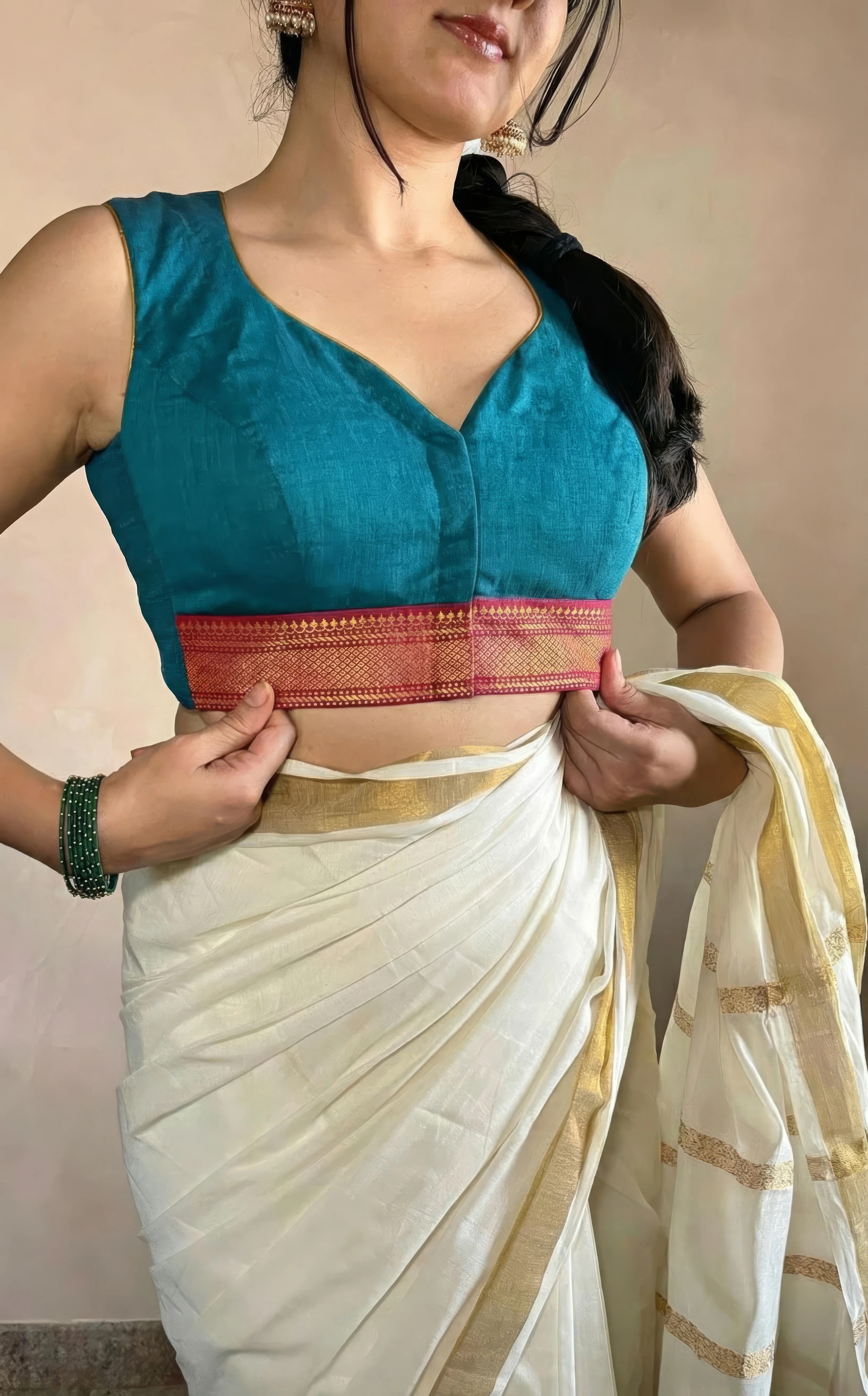 Varsha x Tyohaar | Sleeveless Cerulean Blue Mangalgiri Cotton Saree Blouse - Image 3