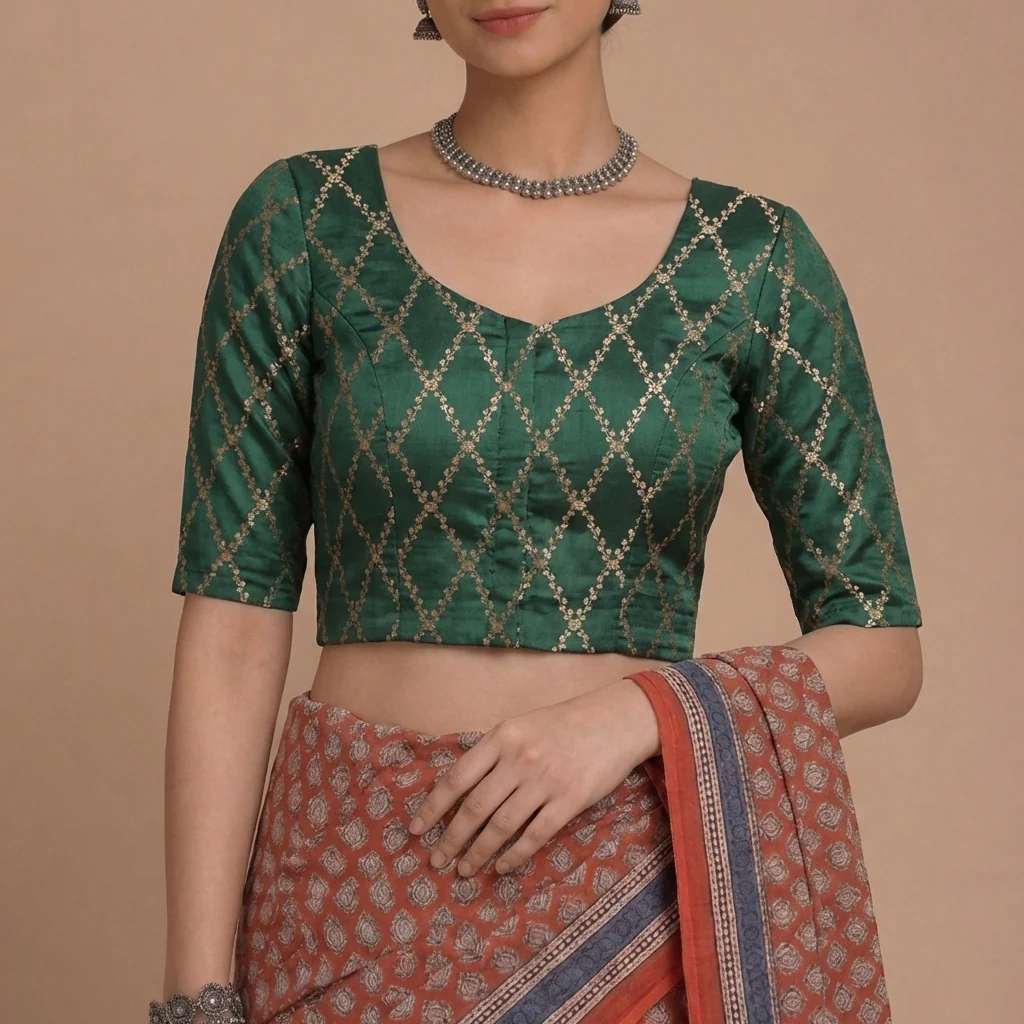 Vartika x Tyohaar | Elbow Sleeves Dark Green Viscose Silk Brocade Saree Blouse - Image 5