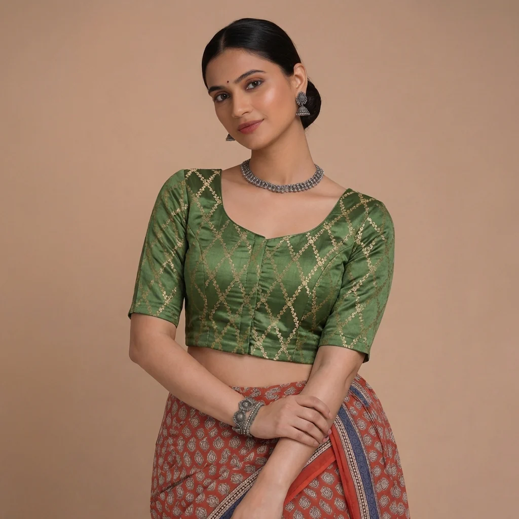 Vartika x Tyohaar | Elbow Sleeves Deep Olive Viscose Silk Brocade Saree Blouse