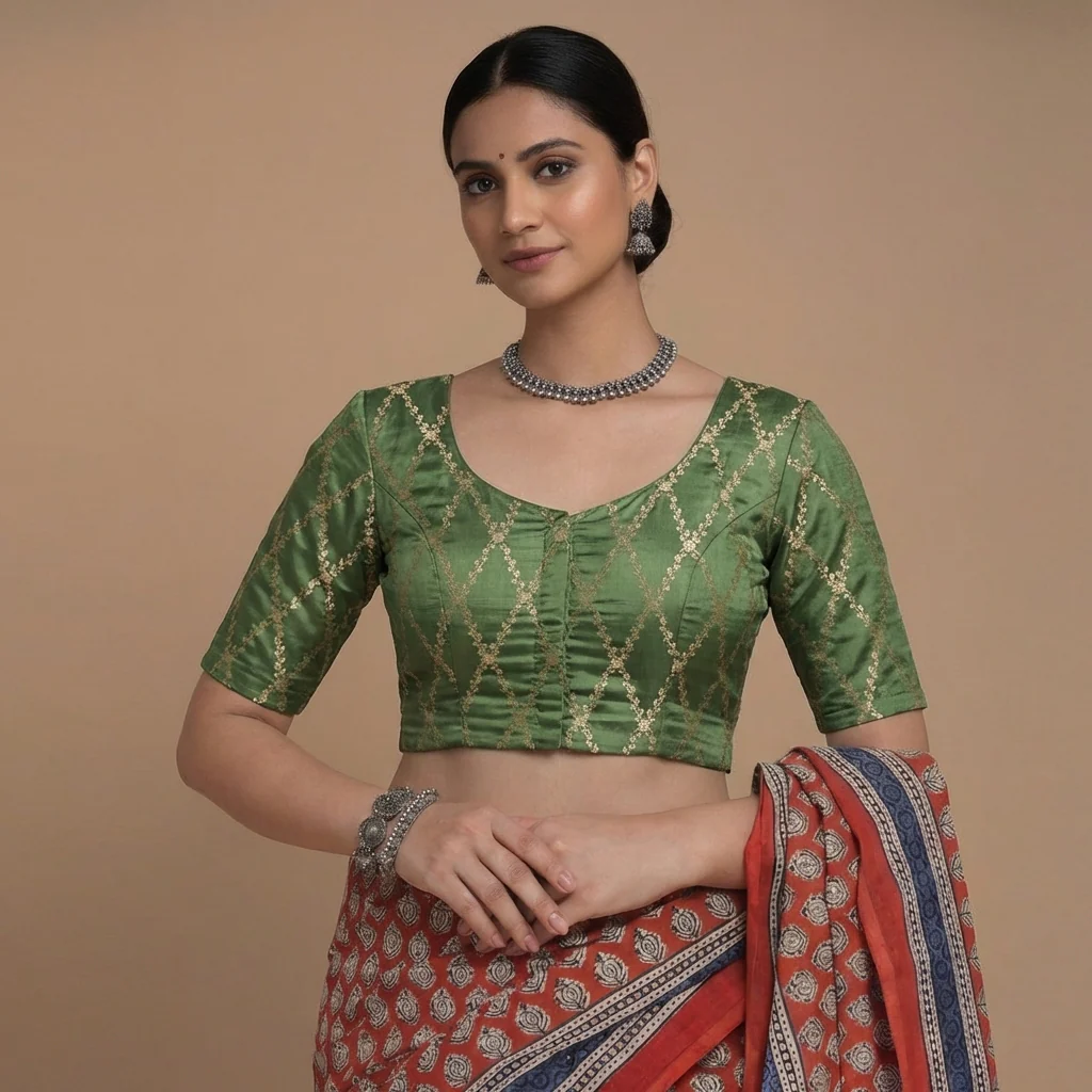 Vartika x Tyohaar | Elbow Sleeves Deep Olive Viscose Silk Brocade Saree Blouse - Image 5