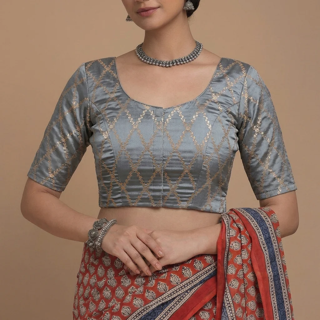 Vartika x Tyohaar | Elbow Sleeves Gilded Grey Viscose Silk Brocade Saree Blouse - Image 4