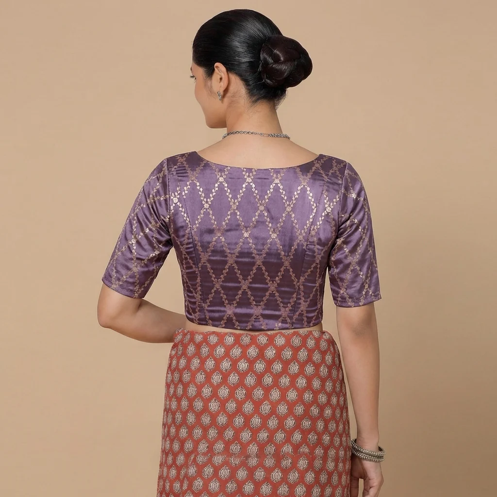Vartika x Tyohaar | Elbow Sleeves Moonlit Lavender Viscose Silk Brocade Saree Blouse - Image 2