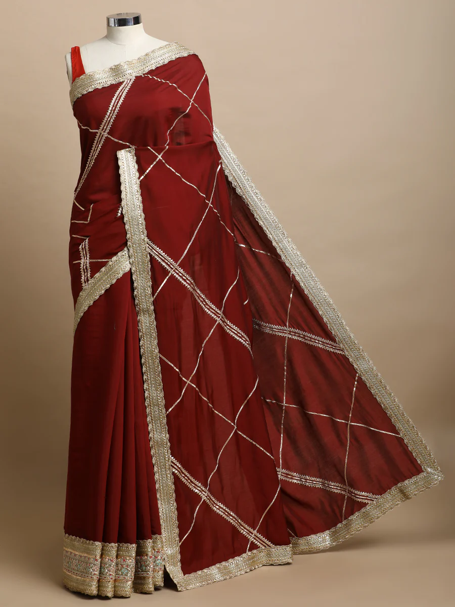 Vrishti x Tyohaar | Deep Maroon Viscose Saree With Heritage Gotta Work & Designer Embroidered Lace - Image 3