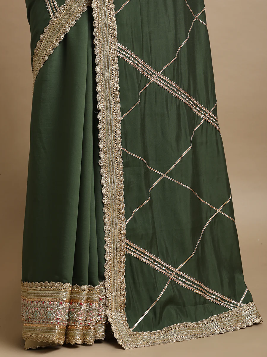 Vrishti x Tyohaar | Hunter Green Viscose Saree With Heritage Gotta Work & Designer Embroidered Lace - Image 2