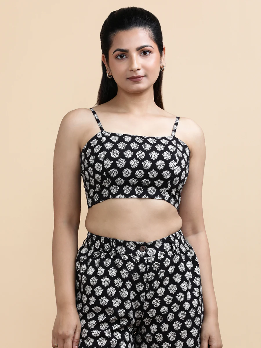 Margo x Soma | Women's Cropped Top in Black Floral Block Print Cotton - Image 6