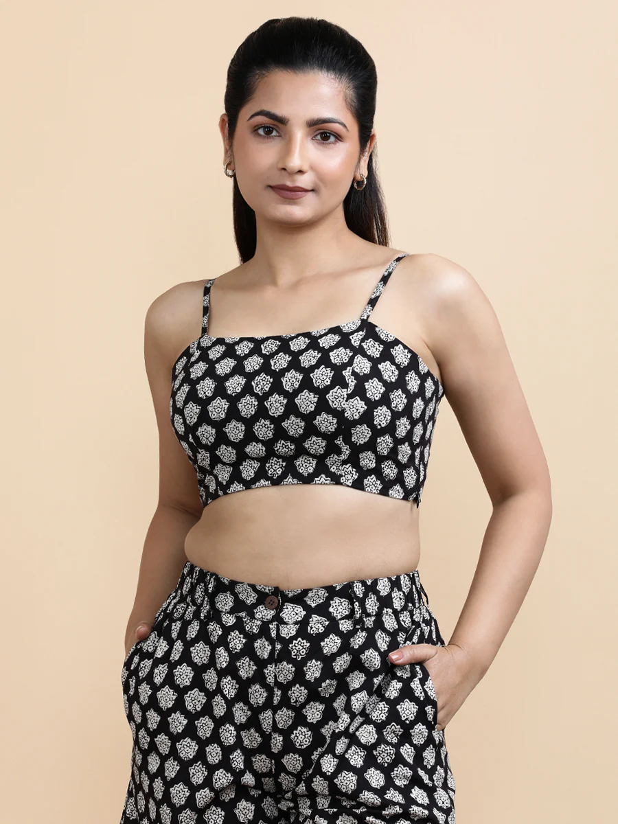 Margo x Soma | Women's Cropped Top in Black Floral Block Print Cotton - Image 7