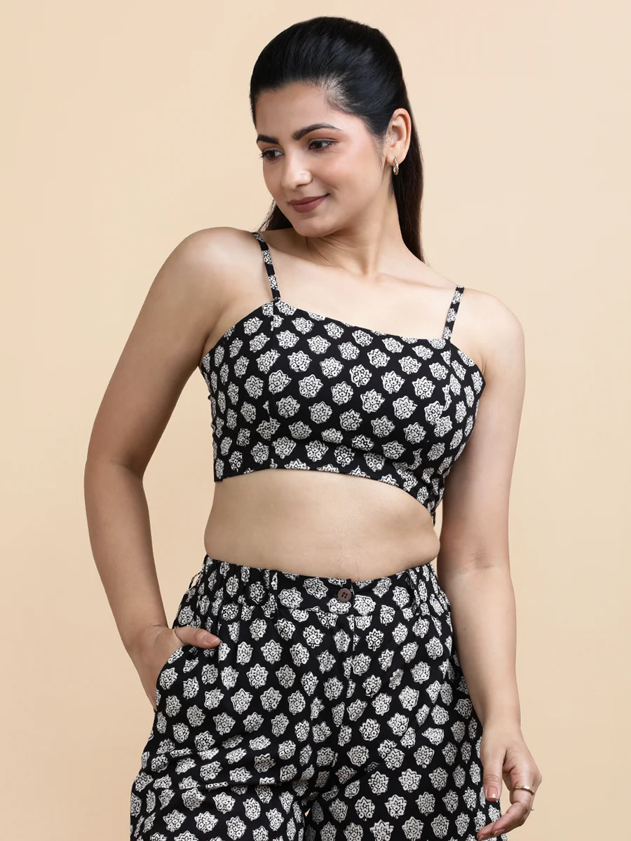 Margo x Soma | Women's Cropped Top in Black Floral Block Print Cotton - Image 8