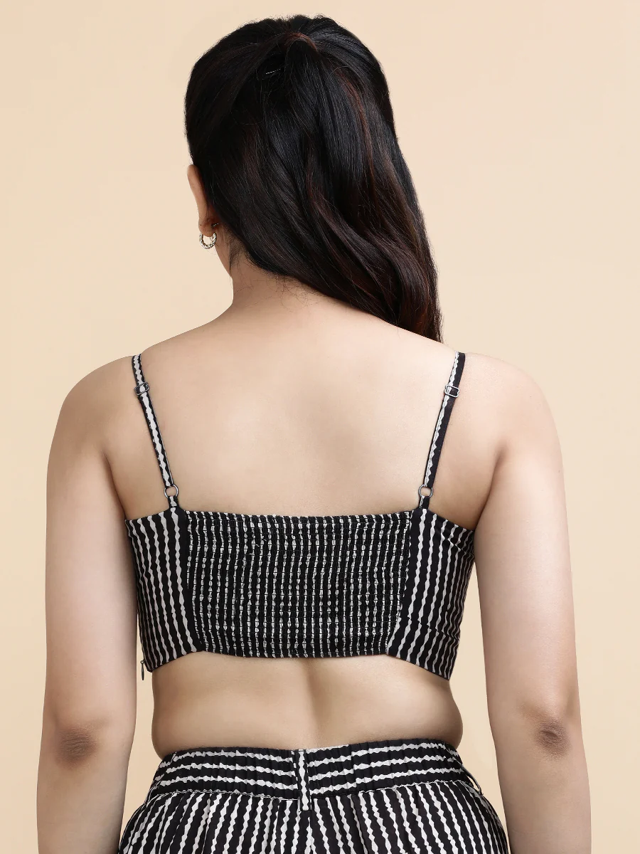 Elisa x Soma | Women's Cropped Top in Earthy Black Stripes Block Print Cotton - Image 3