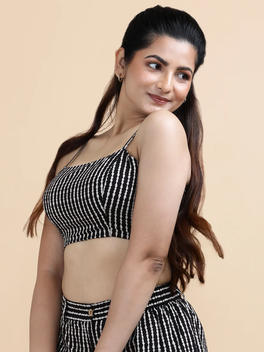 Elisa x Soma | Women's Cropped Top in Earthy Black Stripes Block Print Cotton - Image 5