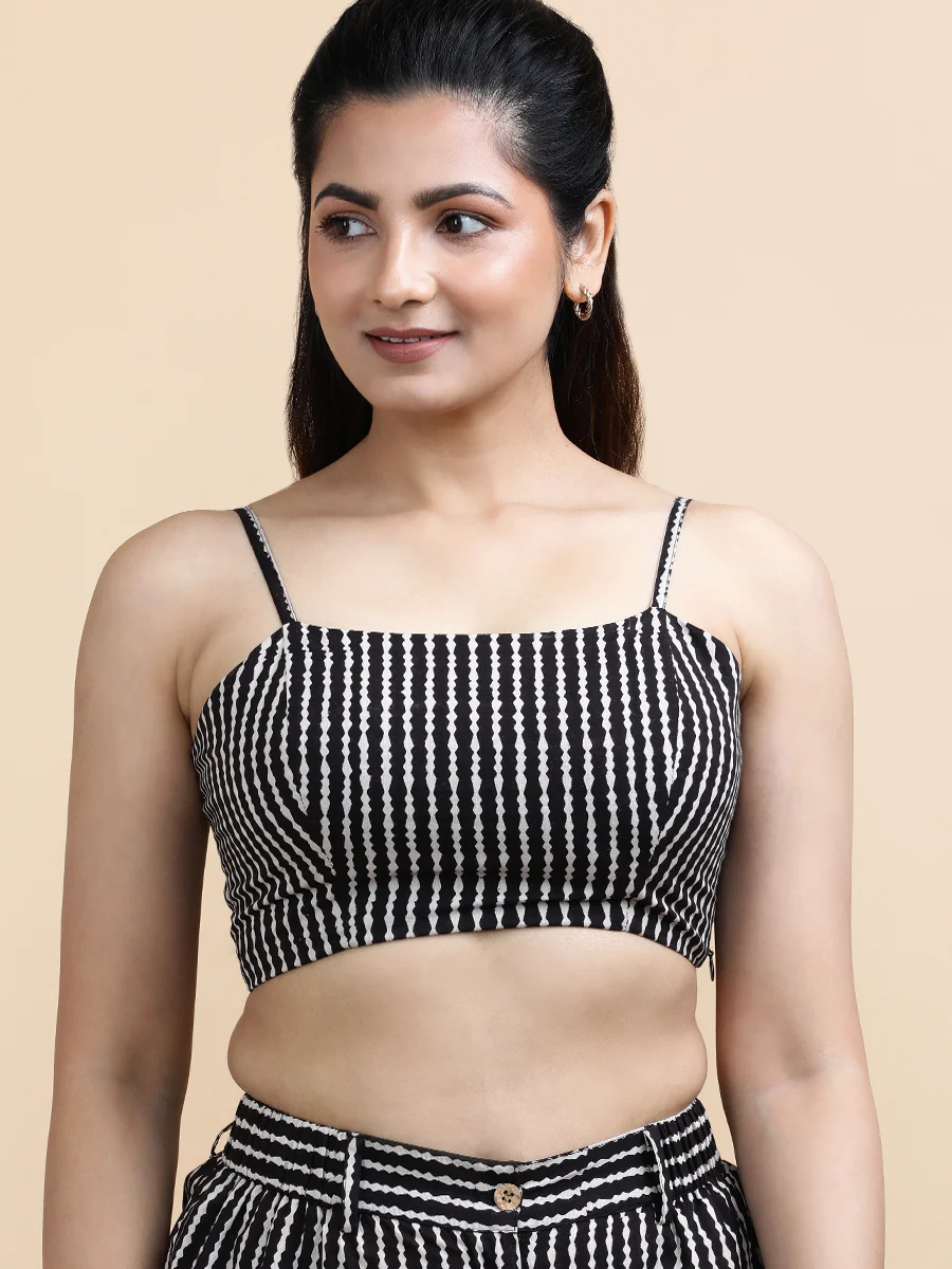 Elisa x Soma | Women's Cropped Top in Earthy Black Stripes Block Print Cotton - Image 6