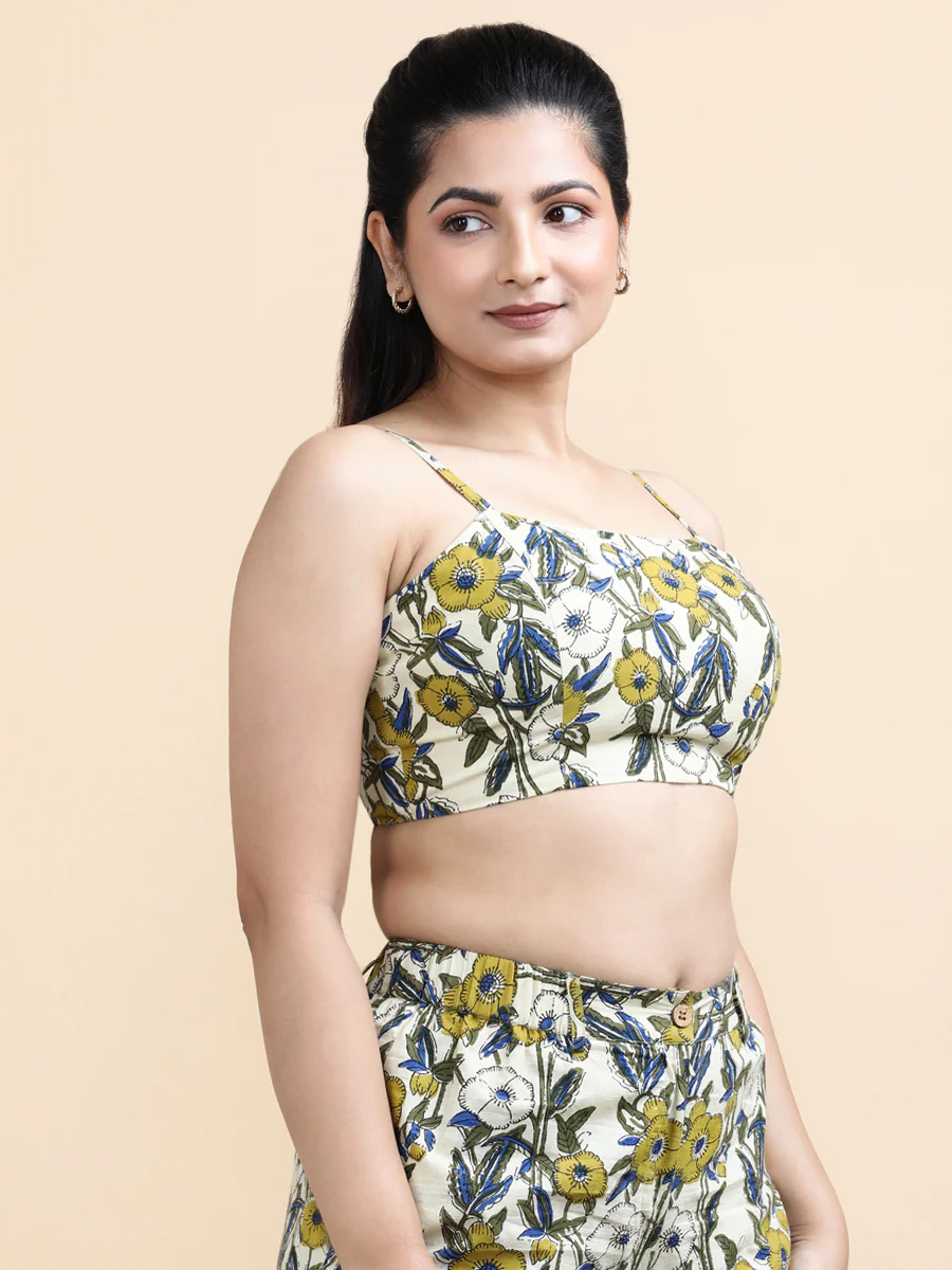 Orla x Soma | Women's Cropped Top in Cream Meadow Block Print Cotton - Image 8