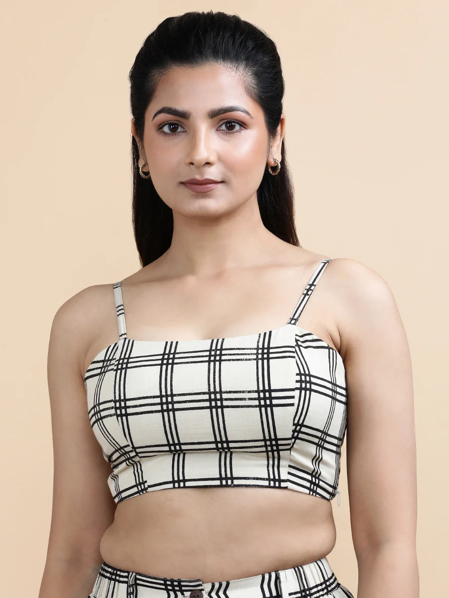 Marie x Soma | Women's Cropped Top in Cream Windowpane Check Block Print Cotton - Image 3