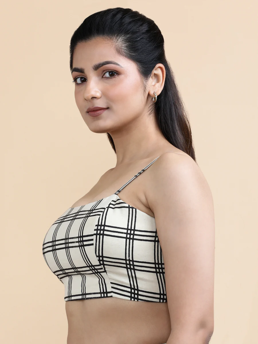 Marie x Soma | Women's Cropped Top in Cream Windowpane Check Block Print Cotton - Image 4
