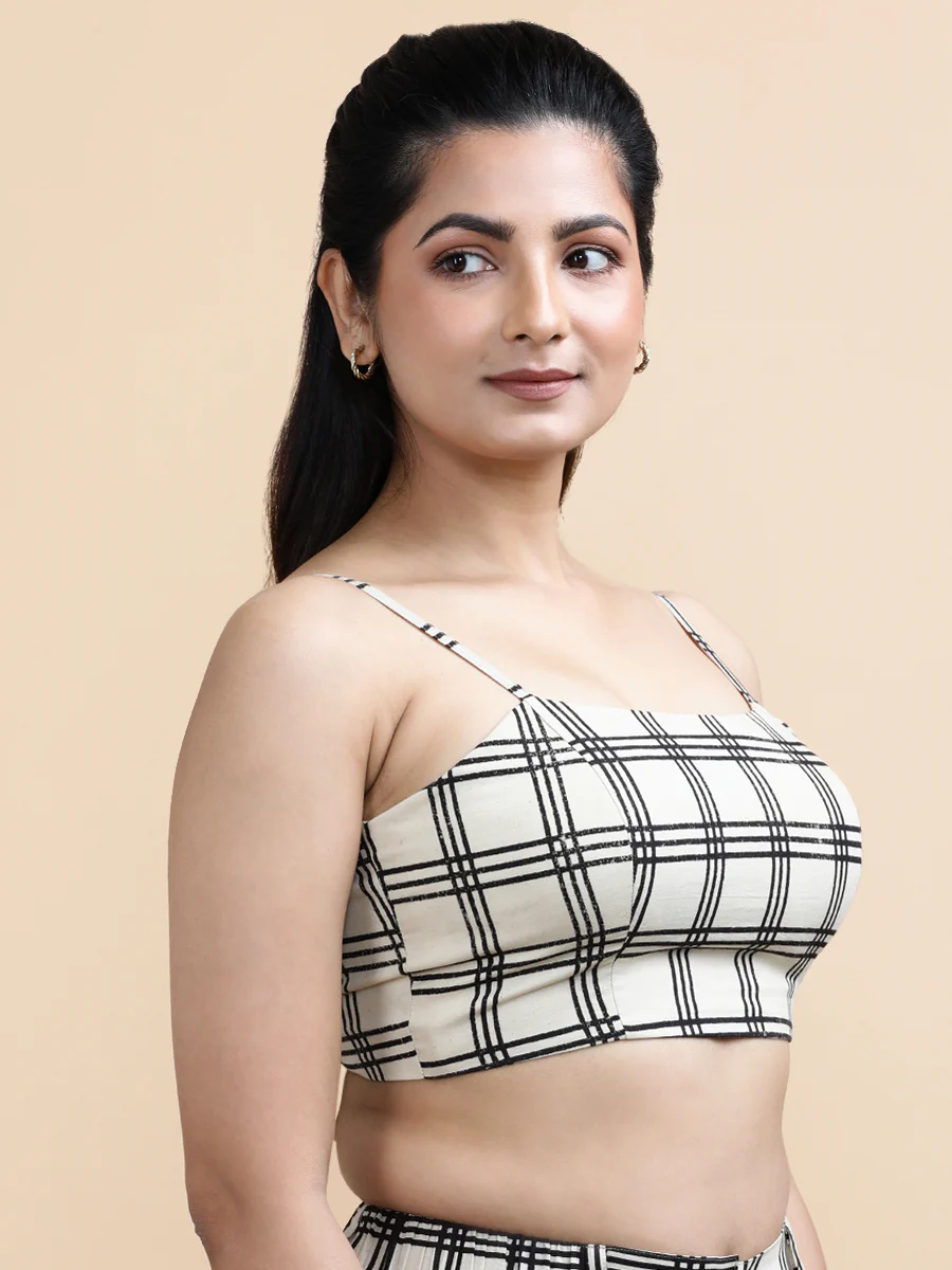 Marie x Soma | Women's Cropped Top in Cream Windowpane Check Block Print Cotton - Image 5