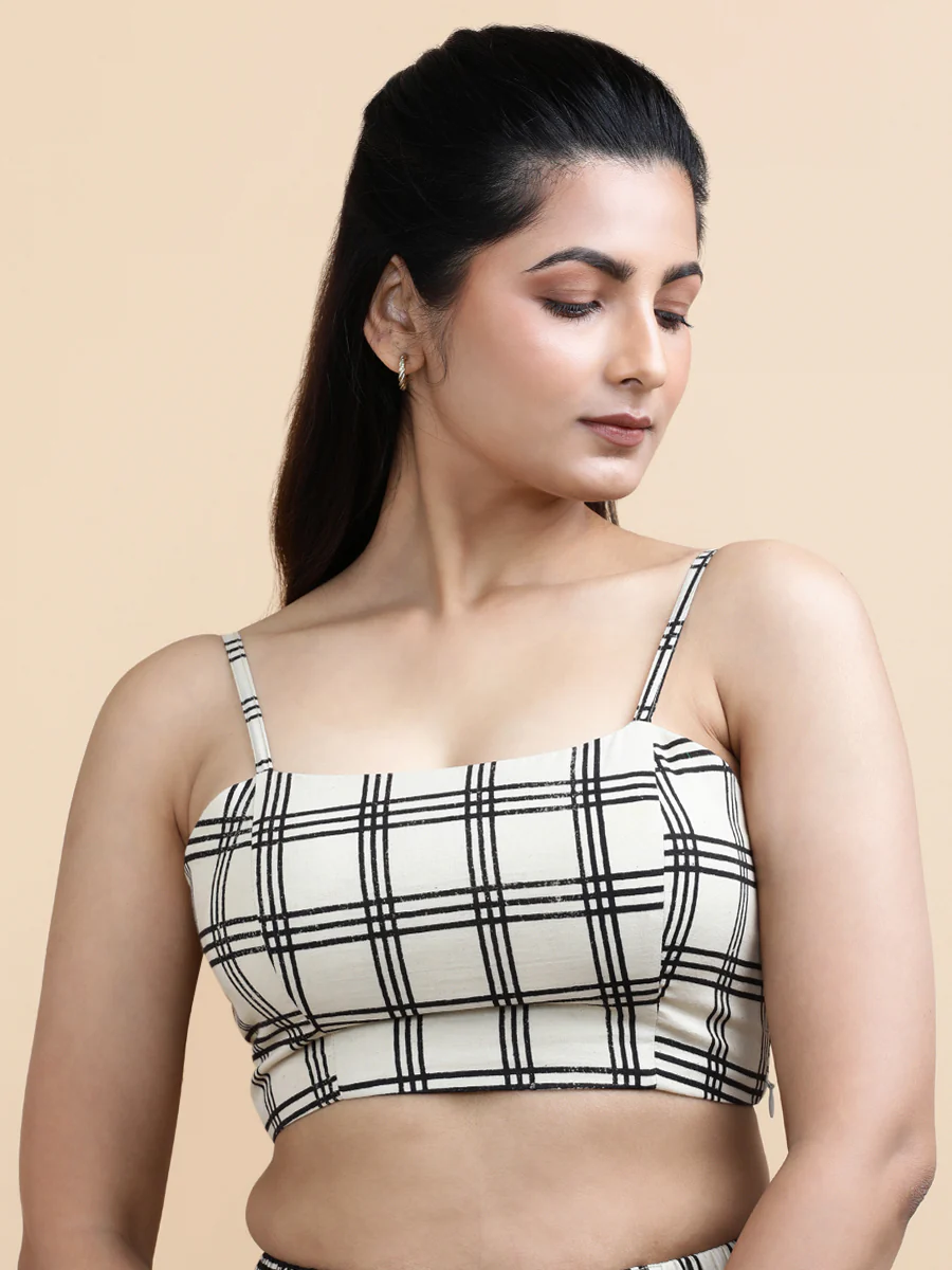Marie x Soma | Women's Cropped Top in Cream Windowpane Check Block Print Cotton - Image 6