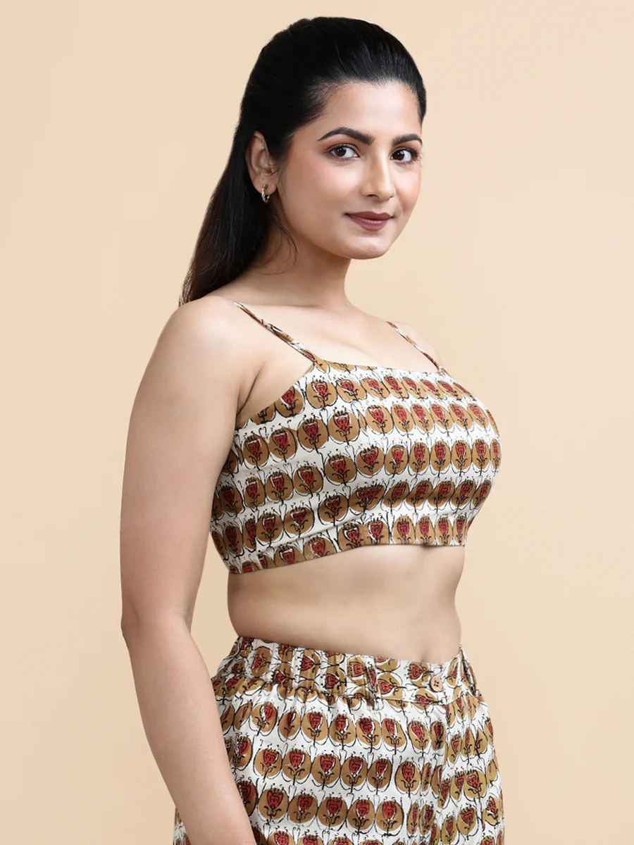 Bianca x Soma | Women's Cropped Top in Cream Floral Block Print Fabric Cotton - Image 4