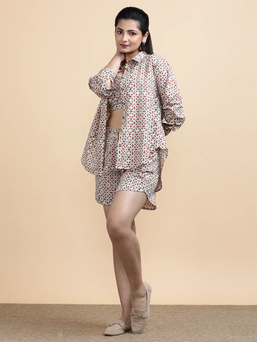 Esther x Soma | Women's Cropped Top in Cream & Red Geometric Block print Cotton - Image 8