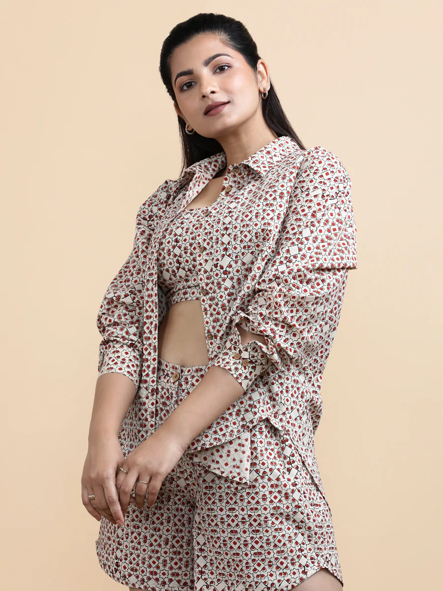 Esther x Soma | Women's Cropped Top in Cream & Red Geometric Block print Cotton - Image 9