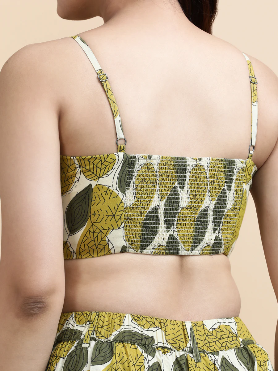 Dina x Soma | Women's Cropped Top in Olive Foliage Block print Cotton - Image 3