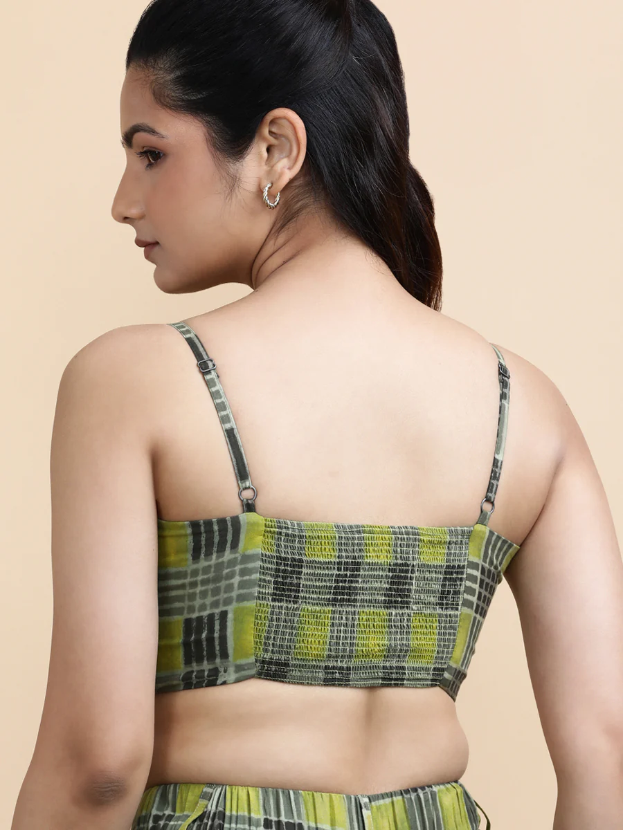 Carla x Soma | Women's Cropped Top in Olive Grid Block Print Cotton - Image 3