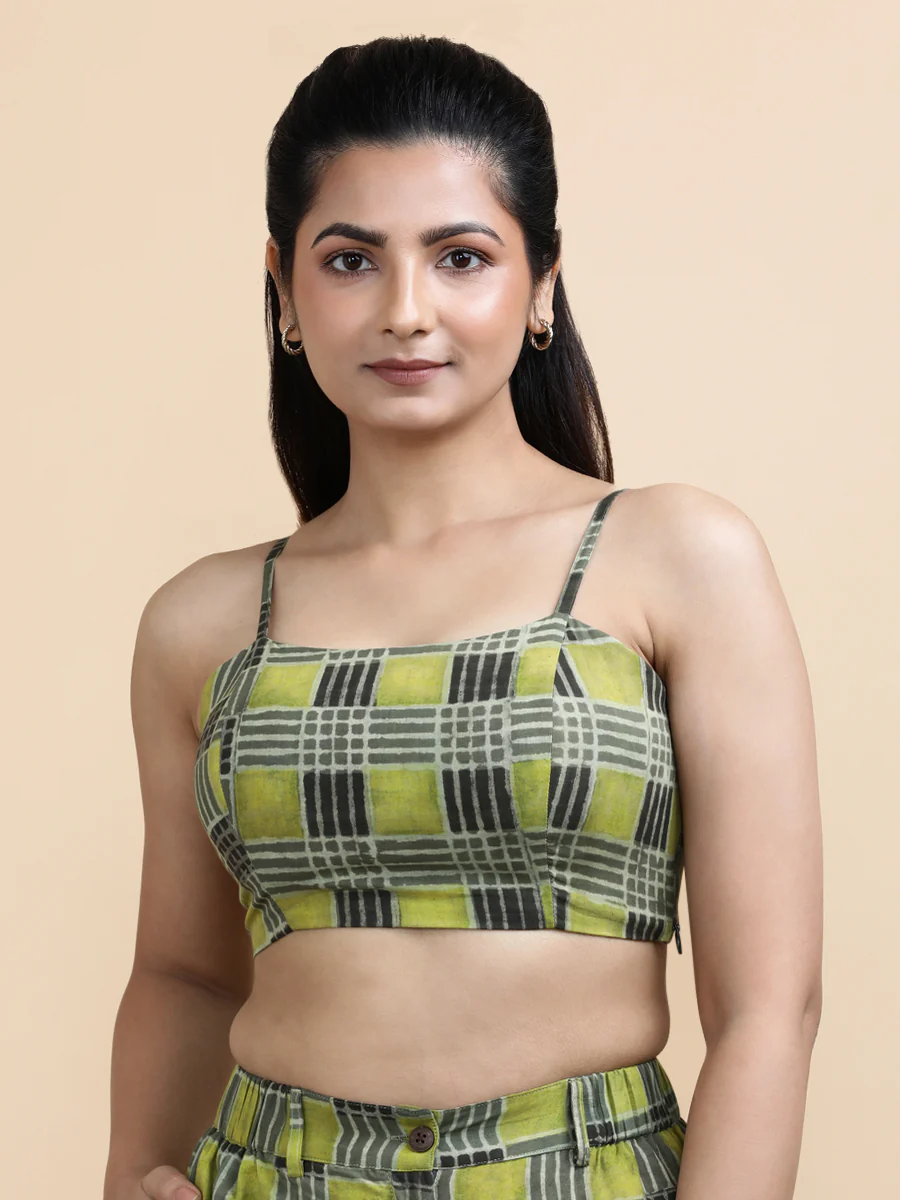 Carla x Soma | Women's Cropped Top in Olive Grid Block Print Cotton - Image 4