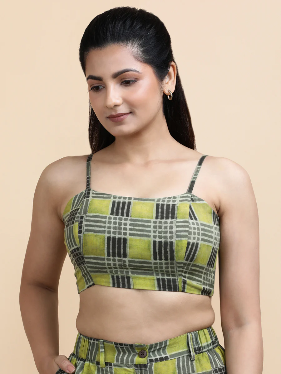 Carla x Soma | Women's Cropped Top in Olive Grid Block Print Cotton - Image 5