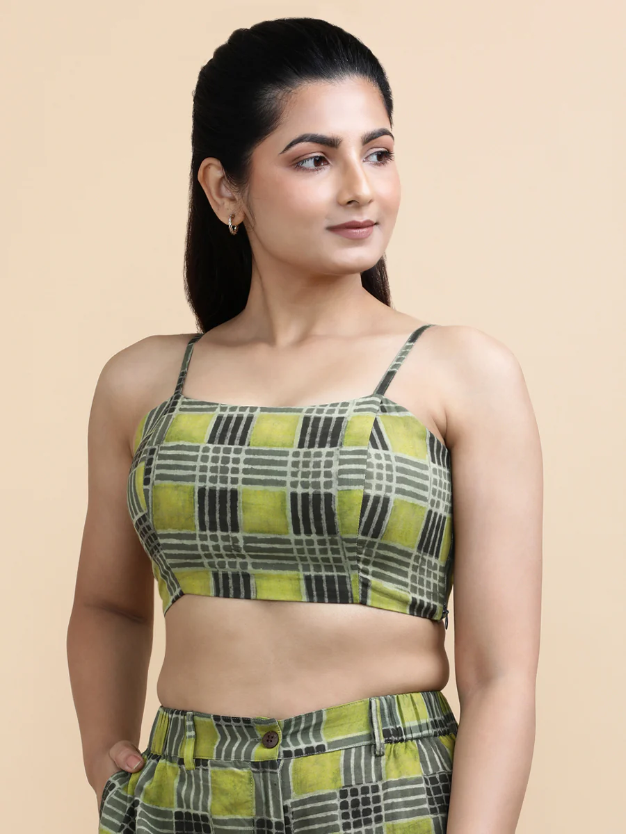 Carla x Soma | Women's Cropped Top in Olive Grid Block Print Cotton - Image 6