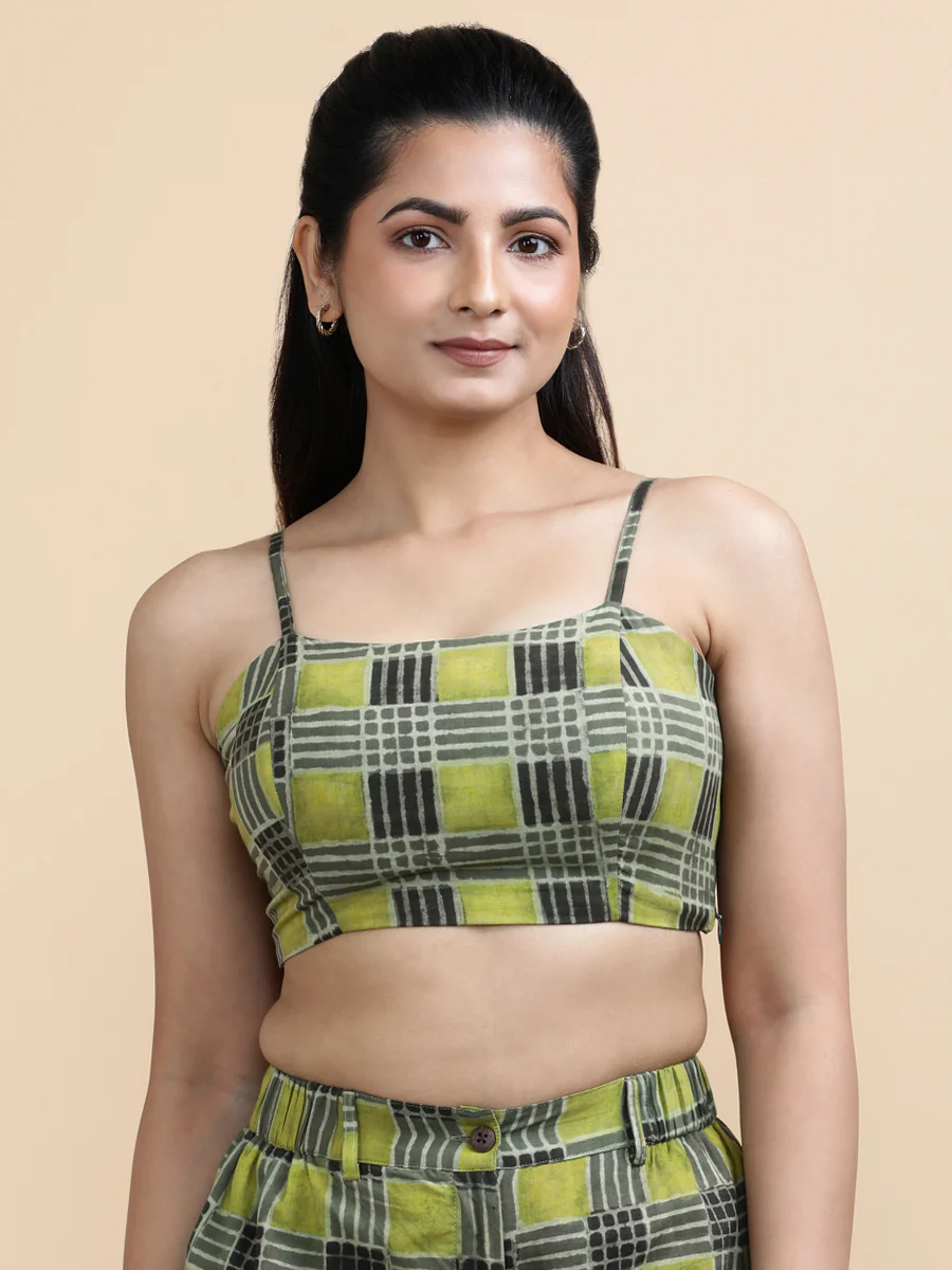 Carla x Soma | Women's Cropped Top in Olive Grid Block Print Cotton - Image 7