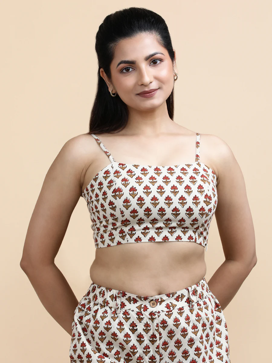 Blake x Soma | Women's Cropped Top in Tulip Bloom Cream Block Print Cotton - Image 3