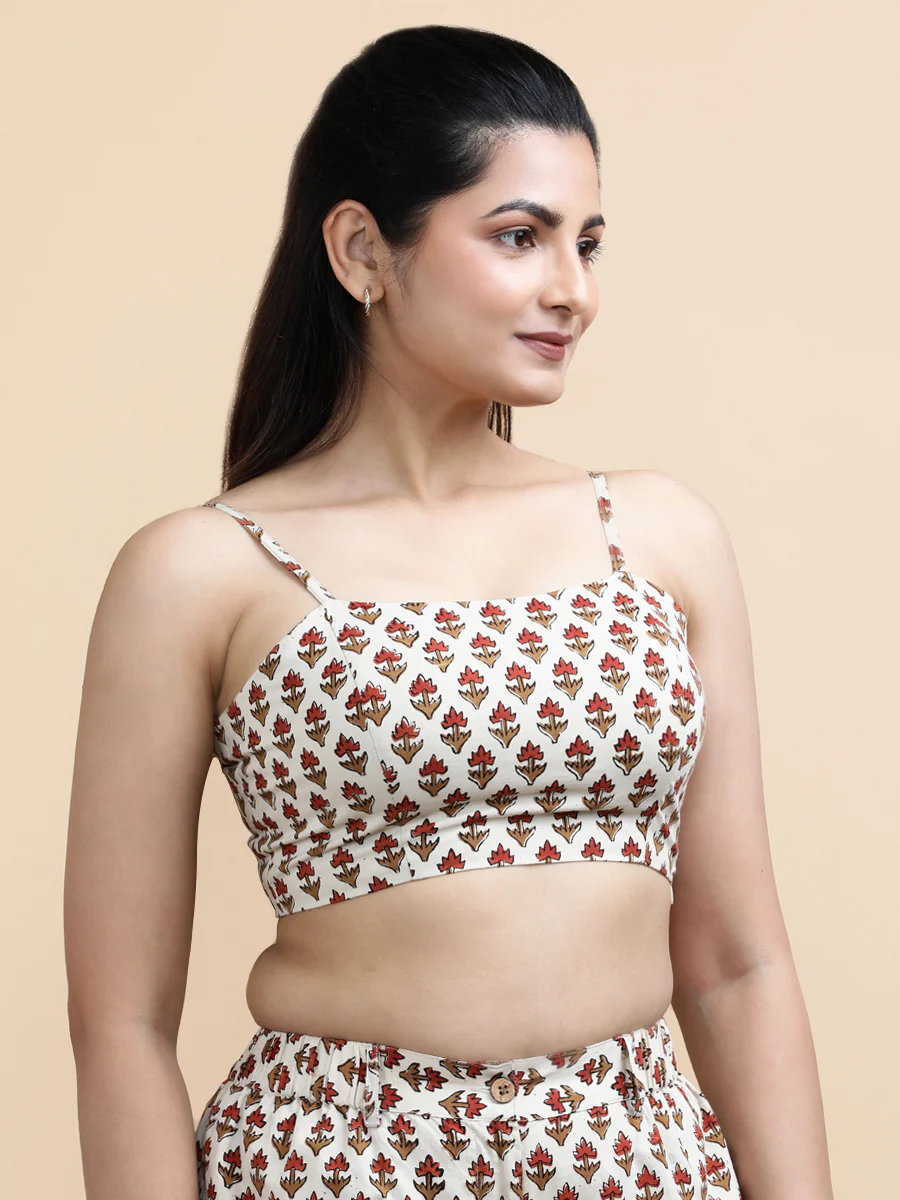 Blake x Soma | Women's Cropped Top in Tulip Bloom Cream Block Print Cotton - Image 6