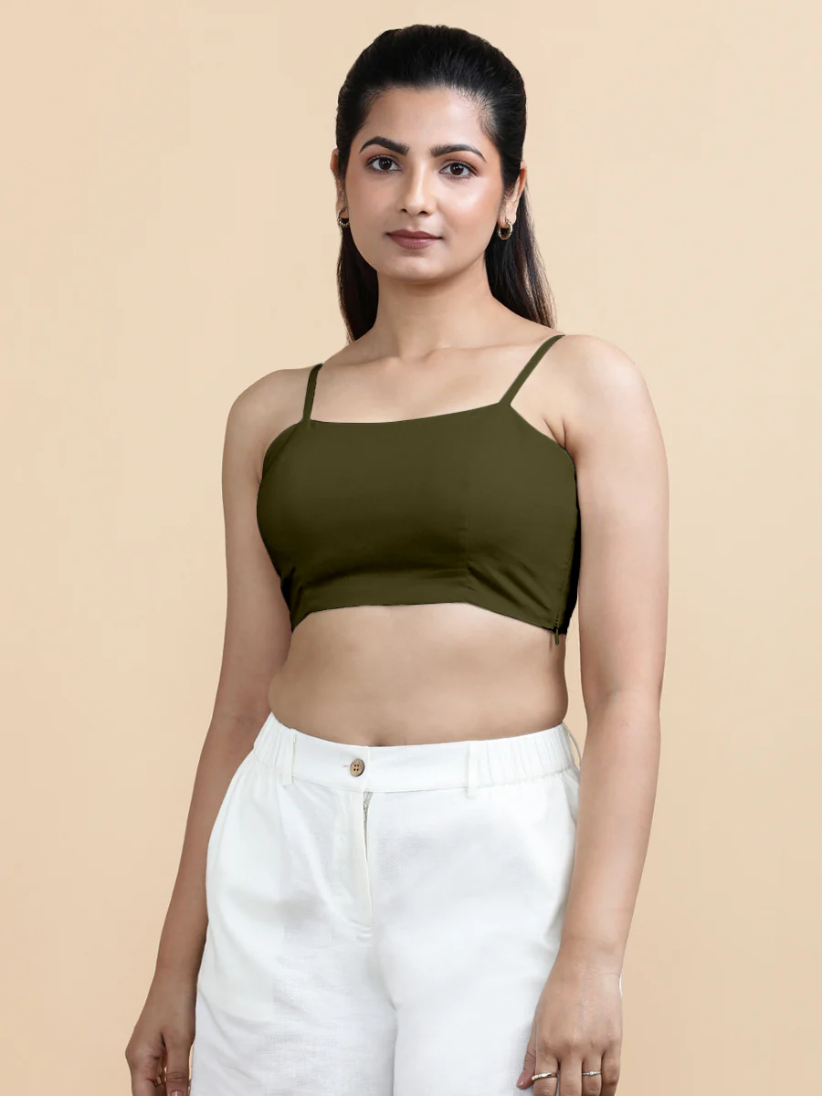 Gloria x Soma | Women's Cropped Top in Deep Olive Green Linen - Image 5