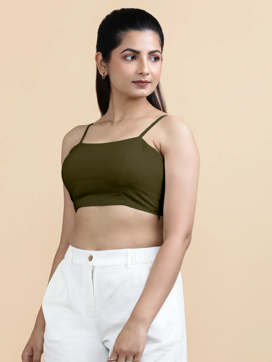 Gloria x Soma | Women's Cropped Top in Deep Olive Green Linen - Image 8