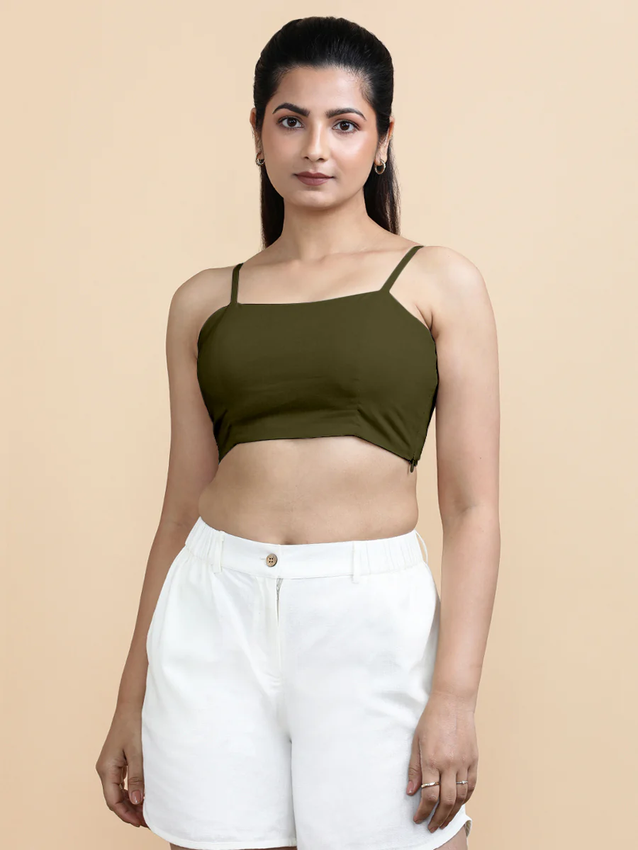 Gloria x Soma | Women's Cropped Top in Deep Olive Green Linen - Image 9