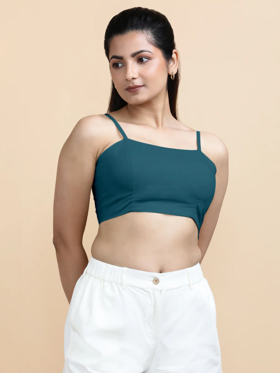 Gloria x Soma | Women's Cropped Top in Teal Blue Linen - Image 4