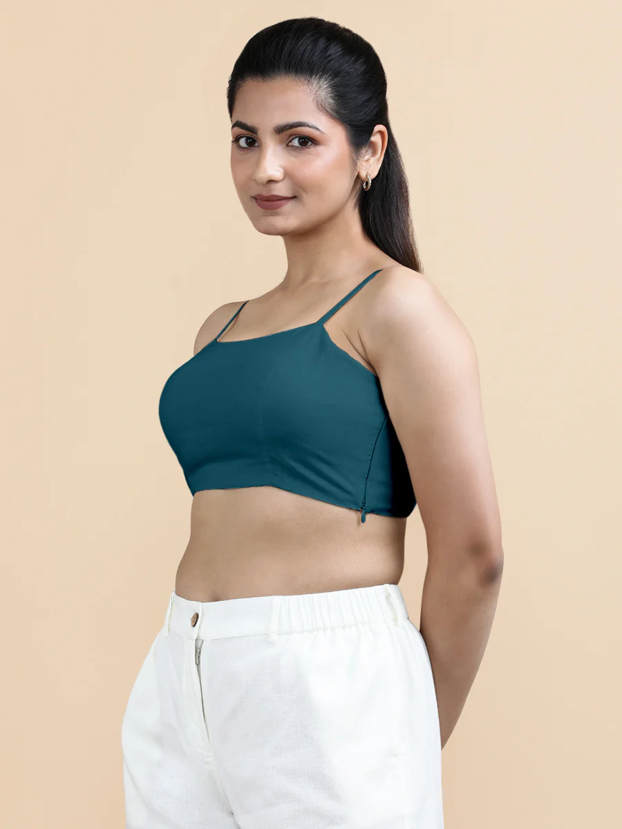 Gloria x Soma | Women's Cropped Top in Teal Blue Linen - Image 5