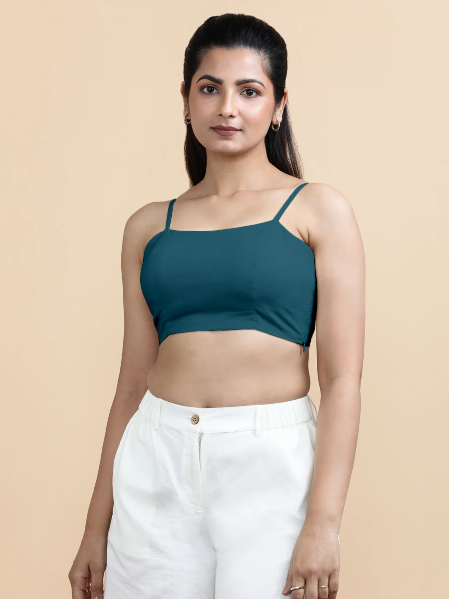 Gloria x Soma | Women's Cropped Top in Teal Blue Linen - Image 6