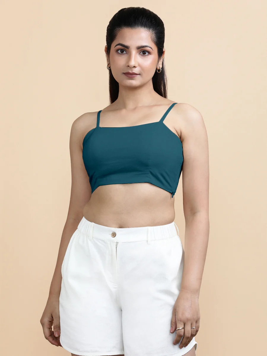 Gloria x Soma | Women's Cropped Top in Teal Blue Linen - Image 9