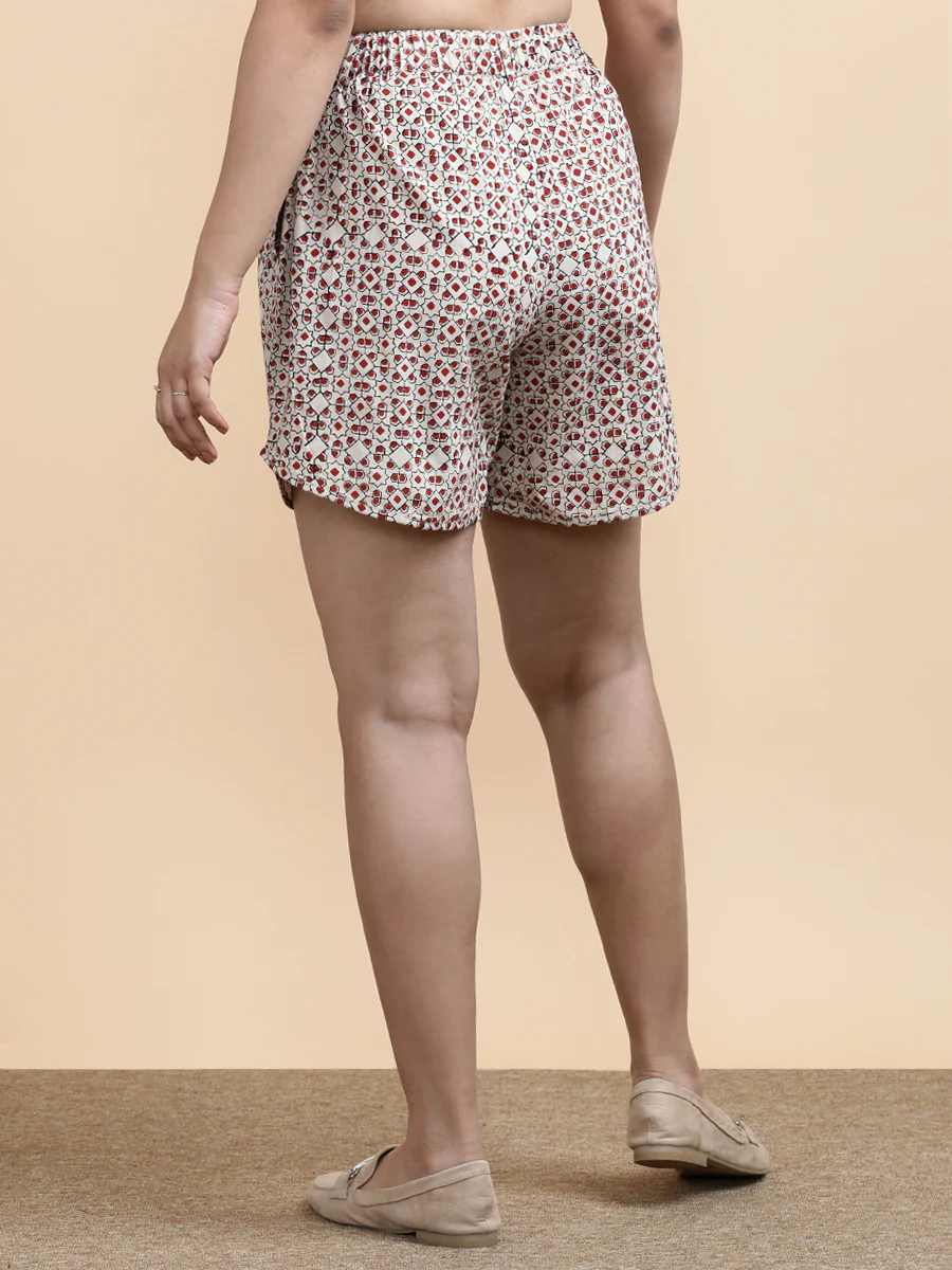 Lexi x Soma | Women's Dolphin Shorts in Cream & Red Geometric Block print Cotton - Image 8